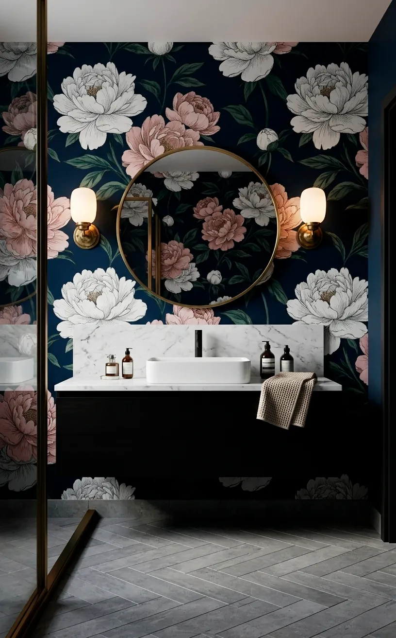 Moody bathroom with large midnight blue floral wallpaper and a modern black vanity with brass accents.