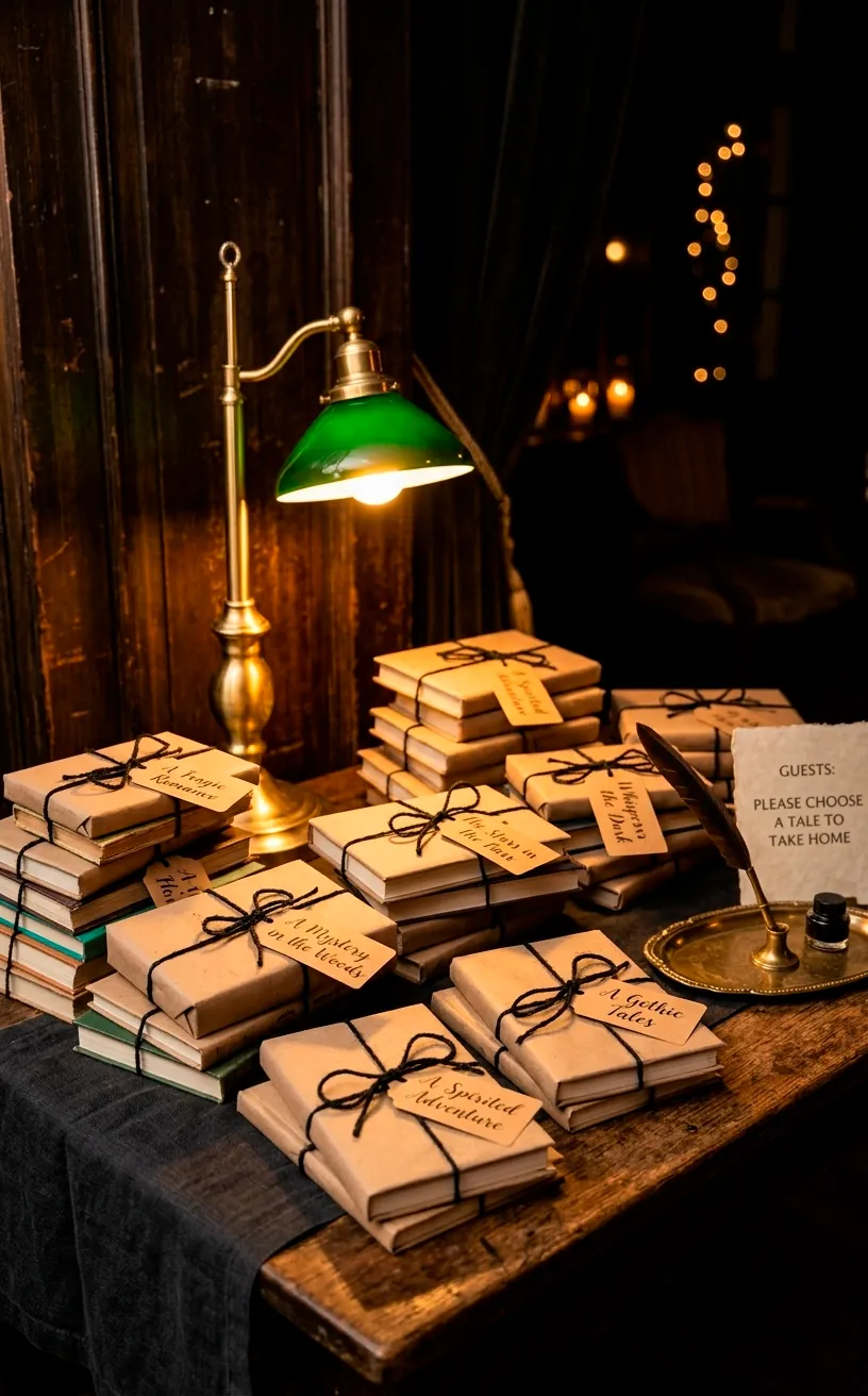 A wedding favor table with books wrapped in brown paper and black twine.