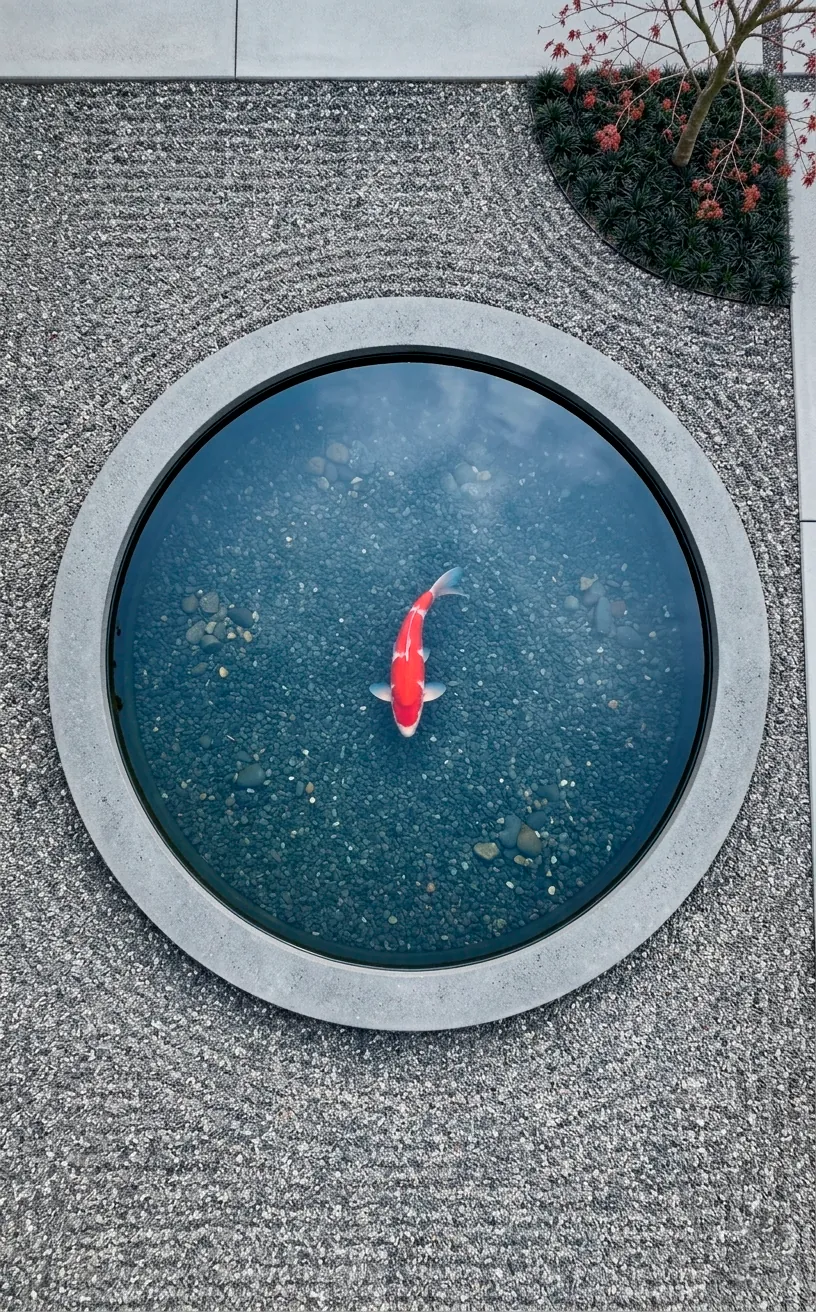 Minimalist circular koi pond with a smooth concrete border in a modern backyard.