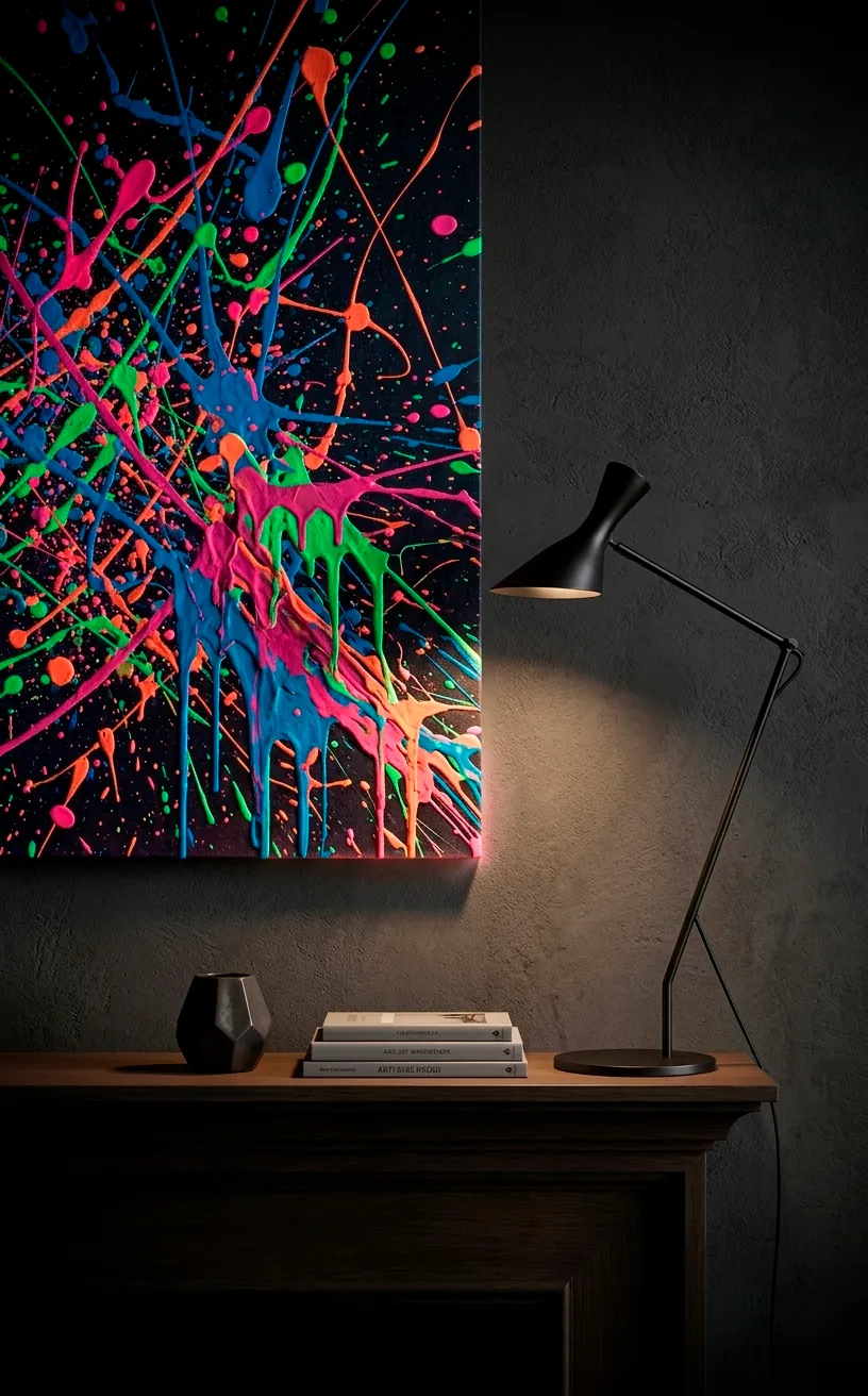 Corner view of bright splatter art and a black lamp on a concrete mantel.