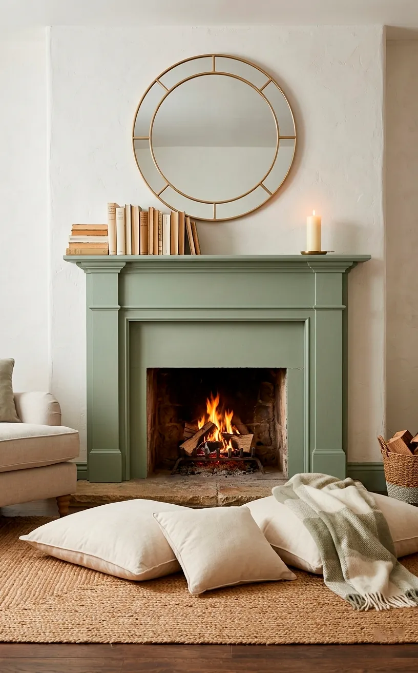 Sage green fireplace mantel with cream floor cushions and a jute rug in a cozy room.