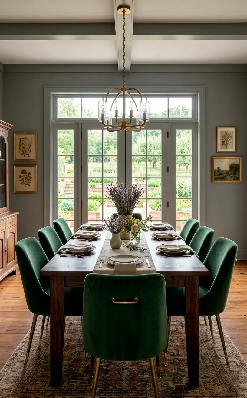 An elevated dining room with French Gray walls and dark walnut furniture.