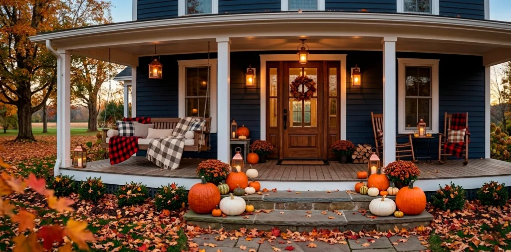 Cozy autumn yard featuring heirloom pumpkins and buffalo plaid blankets on a farmhouse porch at sunset.