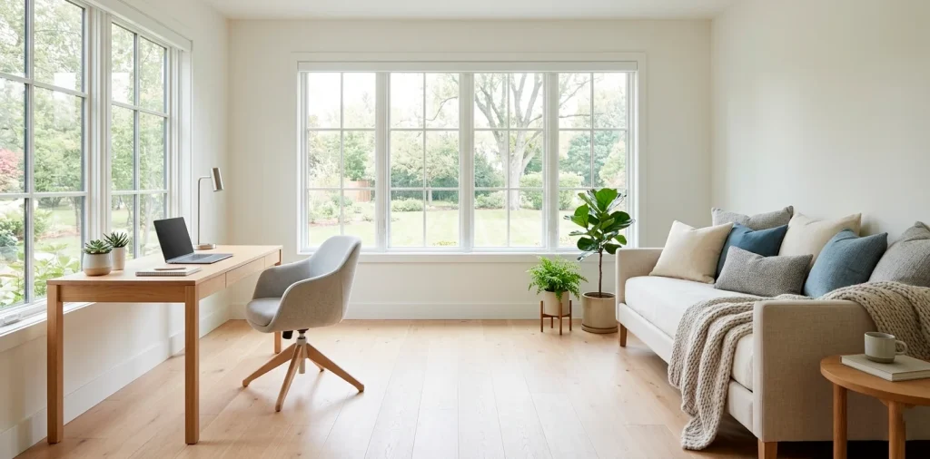 Modern guest room and home office combo with an oak desk, stylish chair, and a cozy daybed in a bright room.