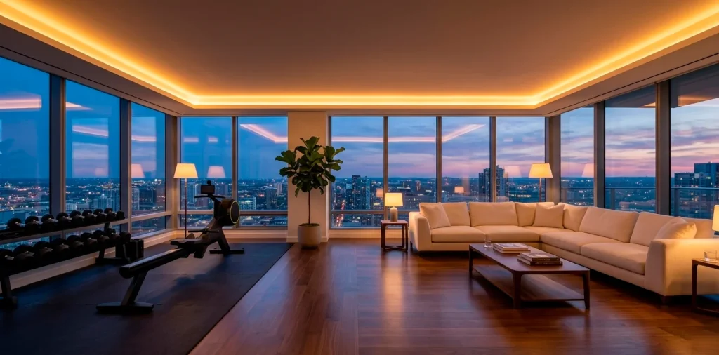 Open-concept living room and home gym with a minimalist design and stunning city skyline views at sunset.