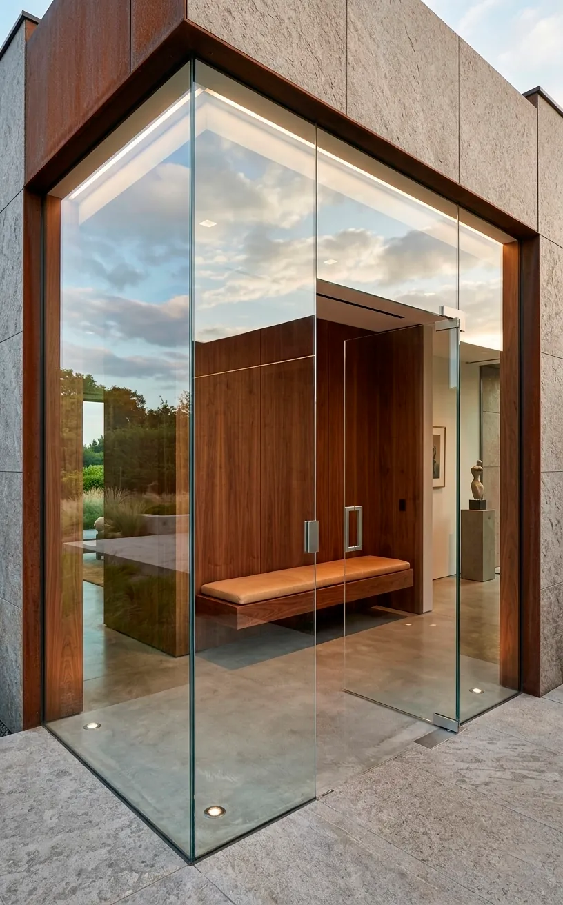 Minimalist frameless glass entry enclosure with seamless glass-to-glass corners.