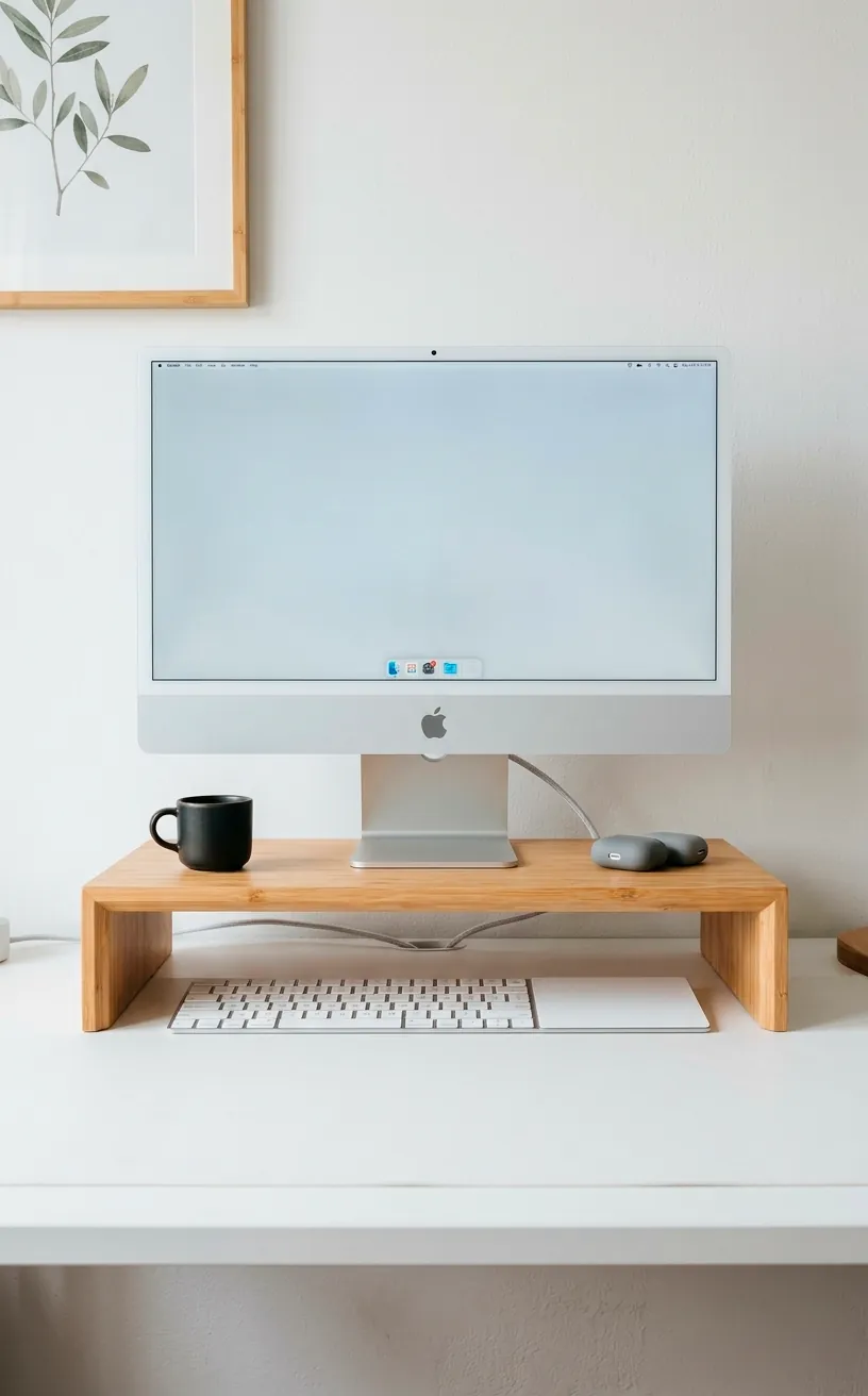 A bamboo monitor riser lifting a computer screen on a minimalist white desk.