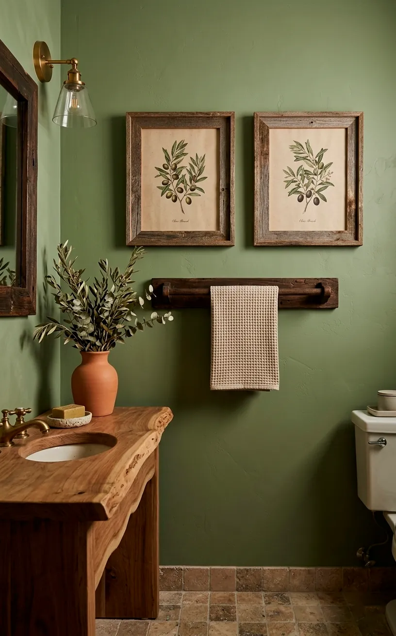 Olive branch prints in rustic wood frames on a moss green wall.