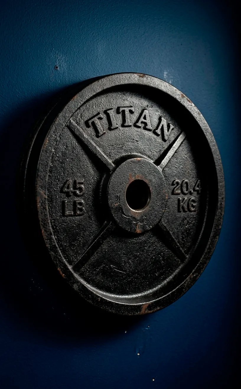 Close-up of black iron weights against a midnight blue wall in a modern gym.