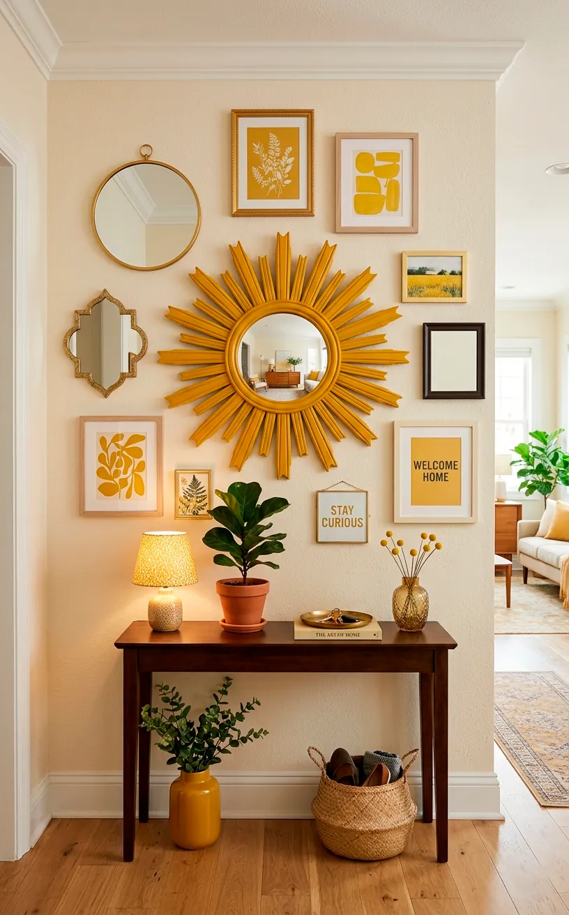 Sunburst mirror with mustard yellow rays as a centerpiece for a gallery wall.