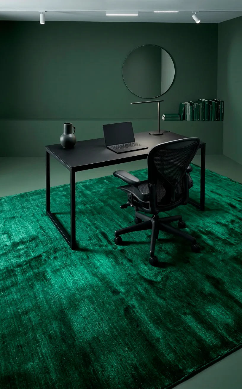 Minimalist home office with a lustrous forest green bamboo silk rug.