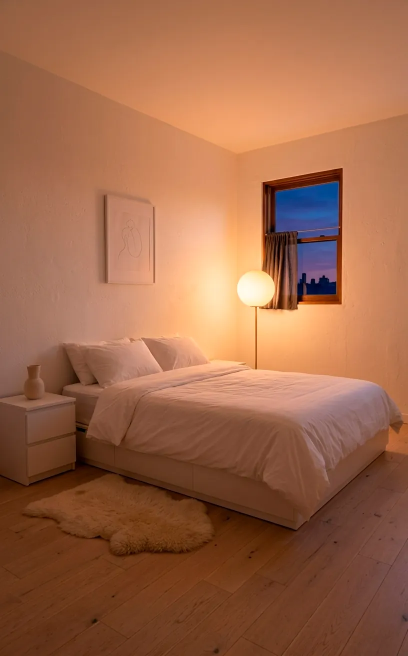 Warm mood lighting in an all-white minimalist bedroom during evening hours.