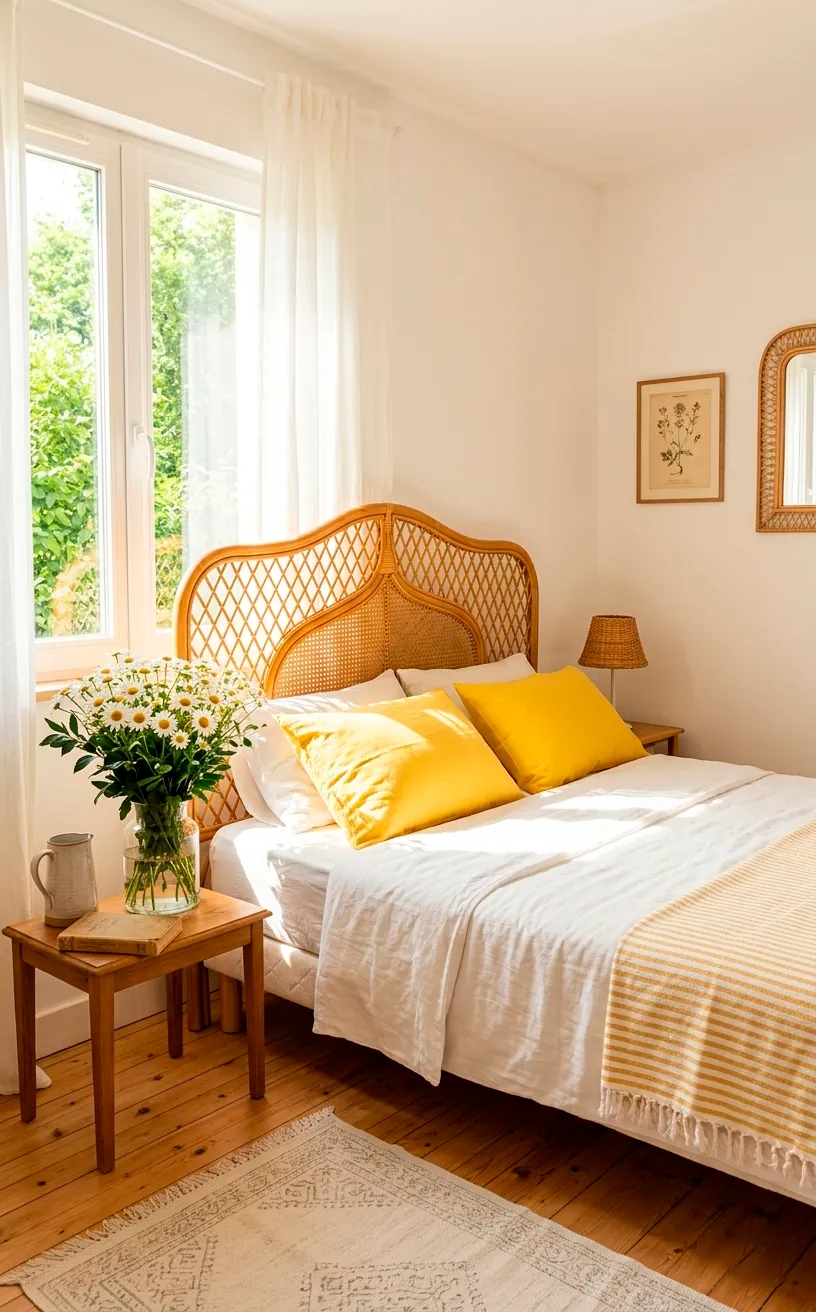 Summer-styled boho bedroom with a rattan headboard, white linens, and yellow accents.