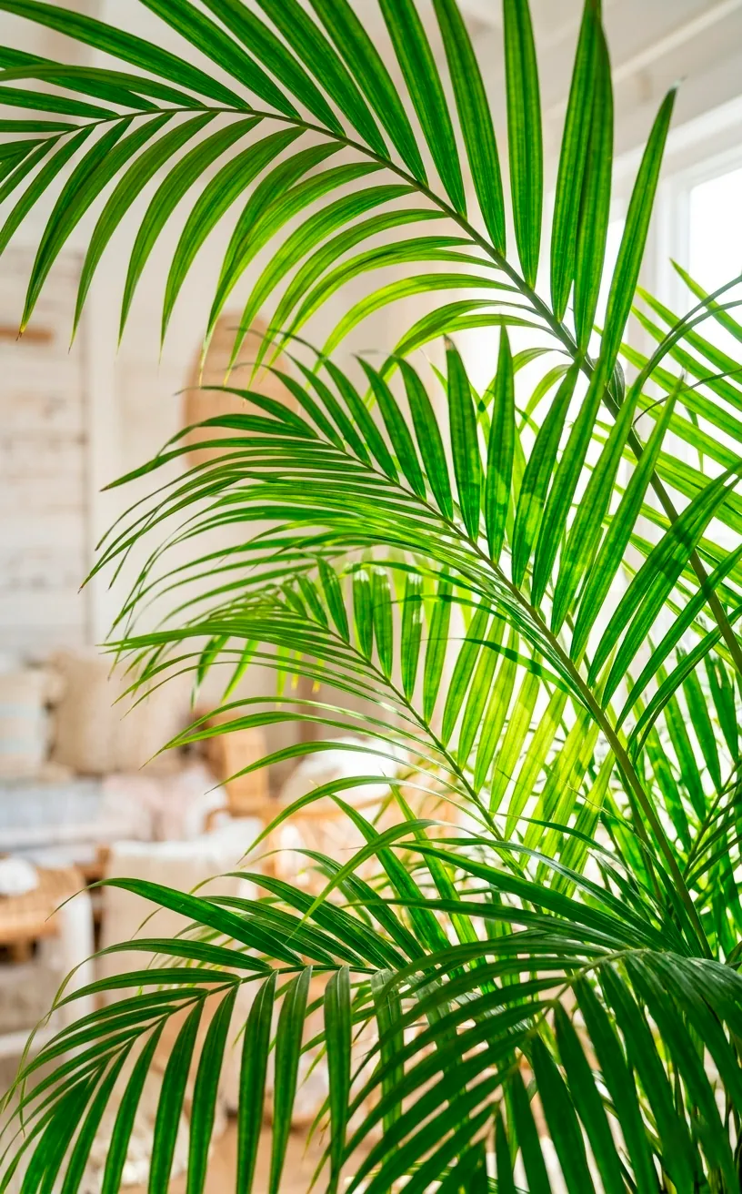 Detail shot of green palm fronds with light filtering through.