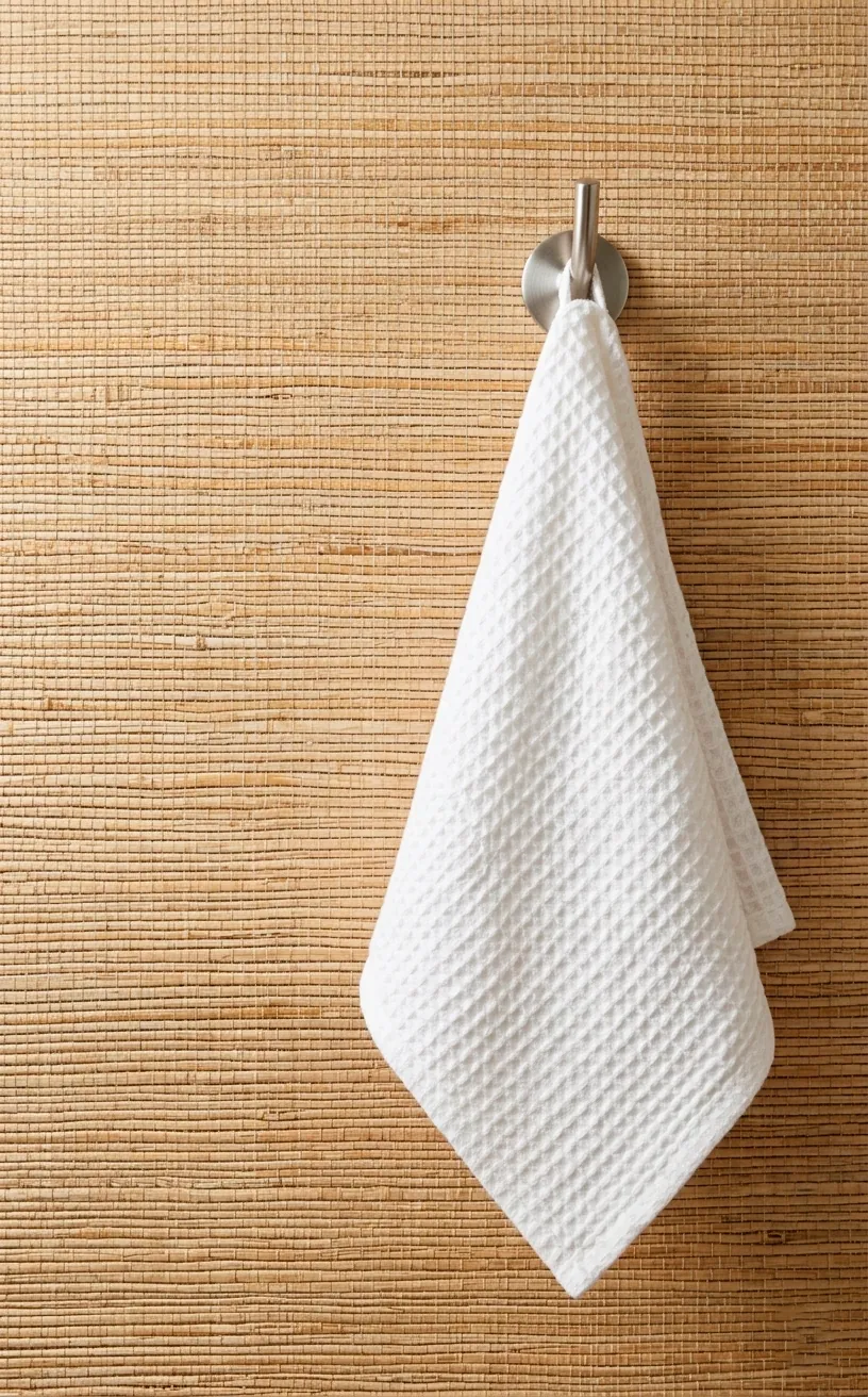 Close-up of blue grasscloth wallpaper texture with a silver towel hook.