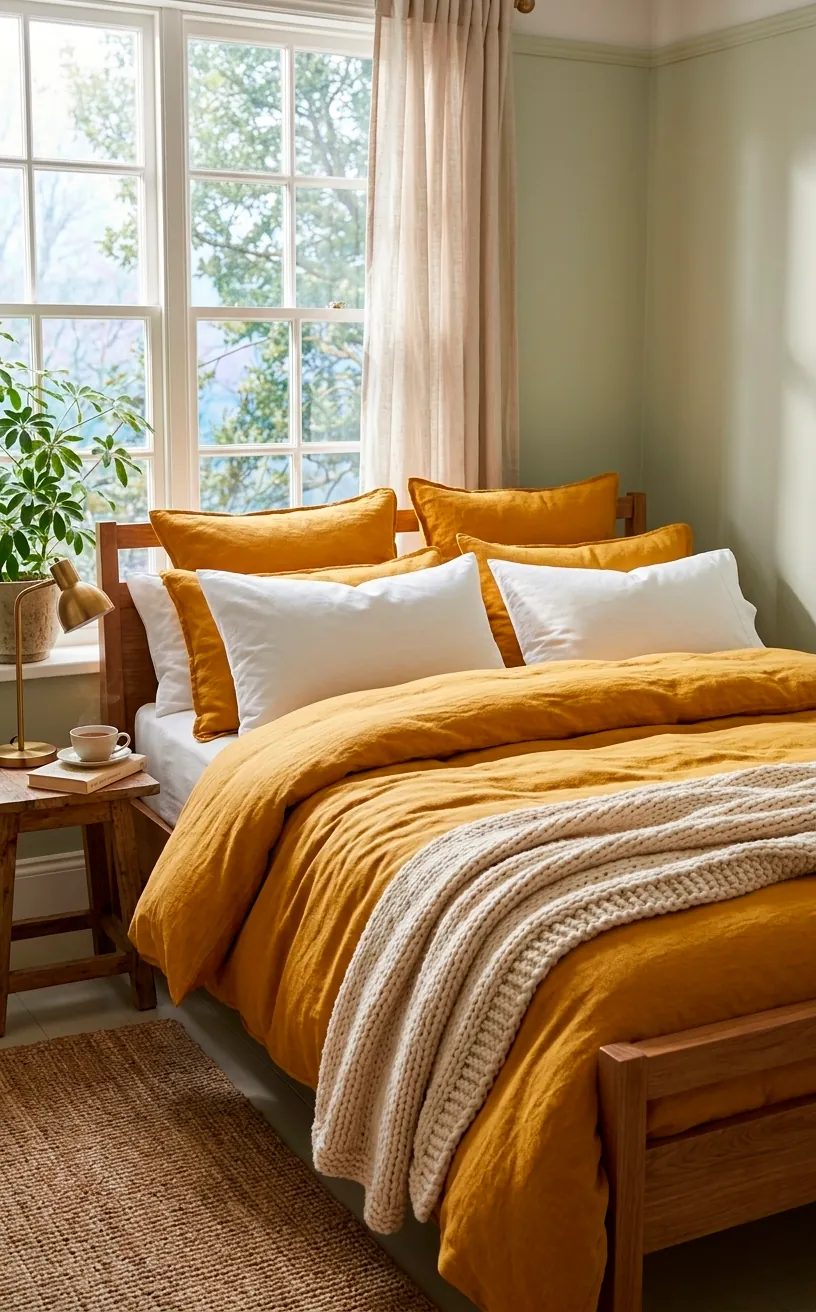 Bedroom featuring a bed with a mustard yellow cotton duvet cover and soft pillows.