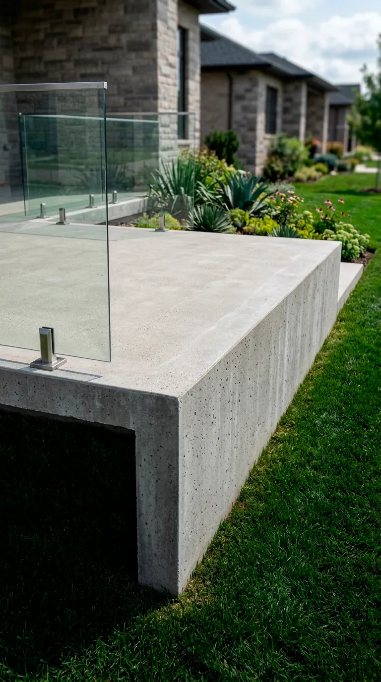 Raised concrete patio with a waterfall edge design and modern aesthetic.