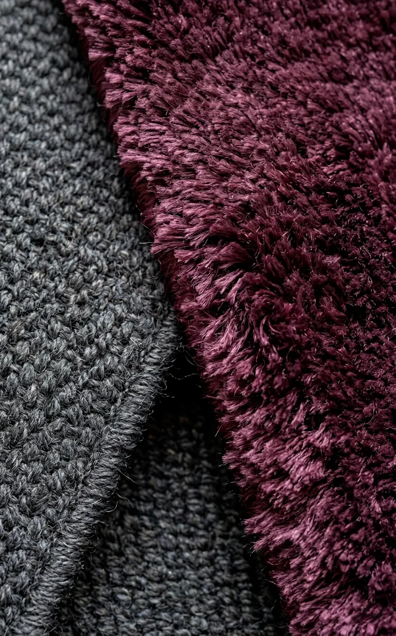 Textured detail of layered charcoal and plum area rugs.