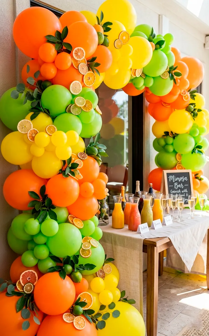 Bright citrus-themed balloon arch in orange and yellow for a brunch party.