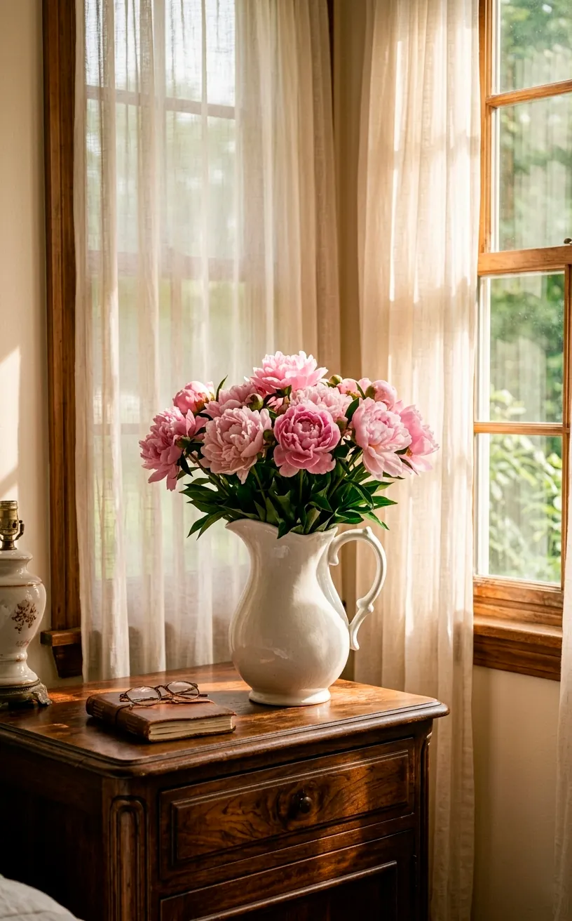Fresh pink peonies in a vintage white pitcher on a bedside table.