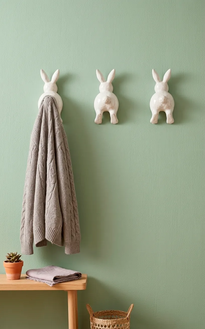 White bunny tail wall hooks mounted on a green wall with a hanging sweater.
