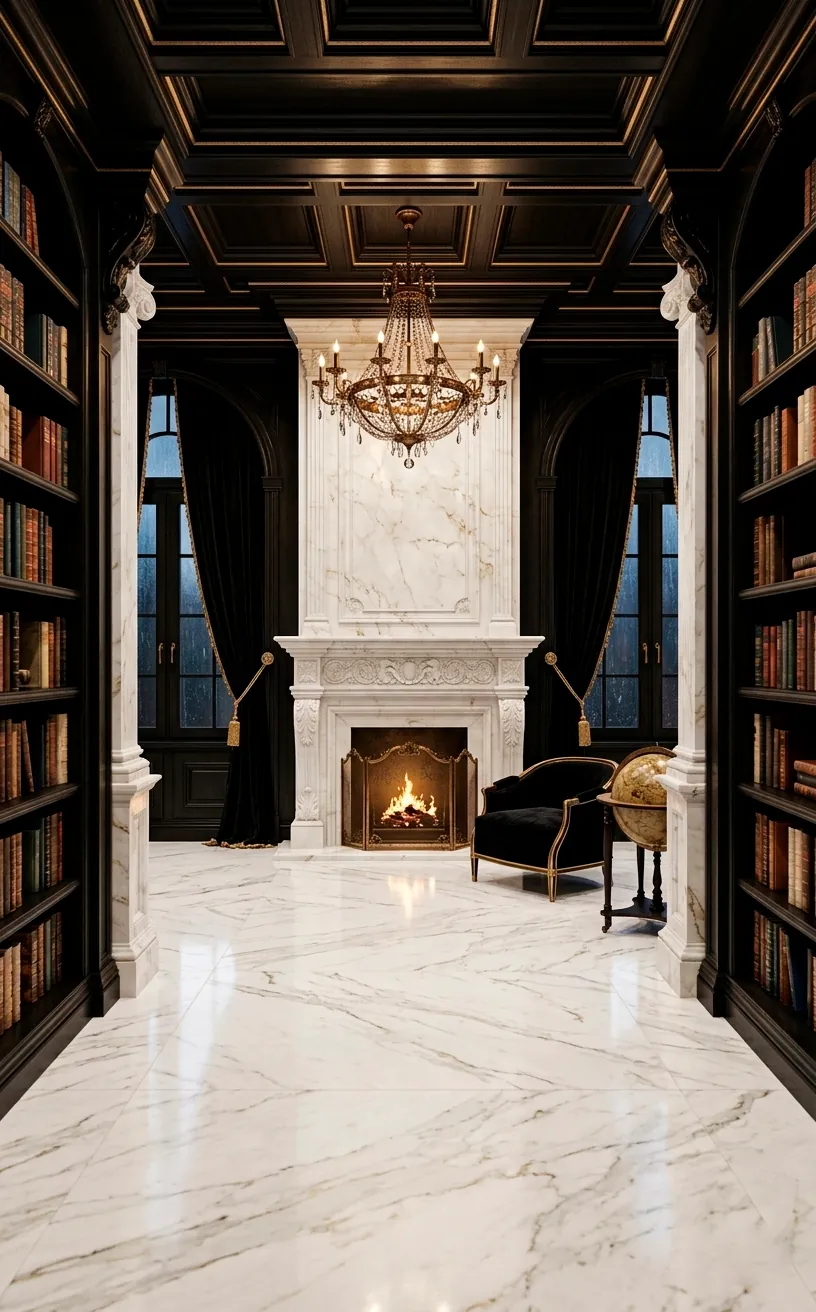 Luxury home library with ebony wood shelves, white marble floors, and a fireplace.