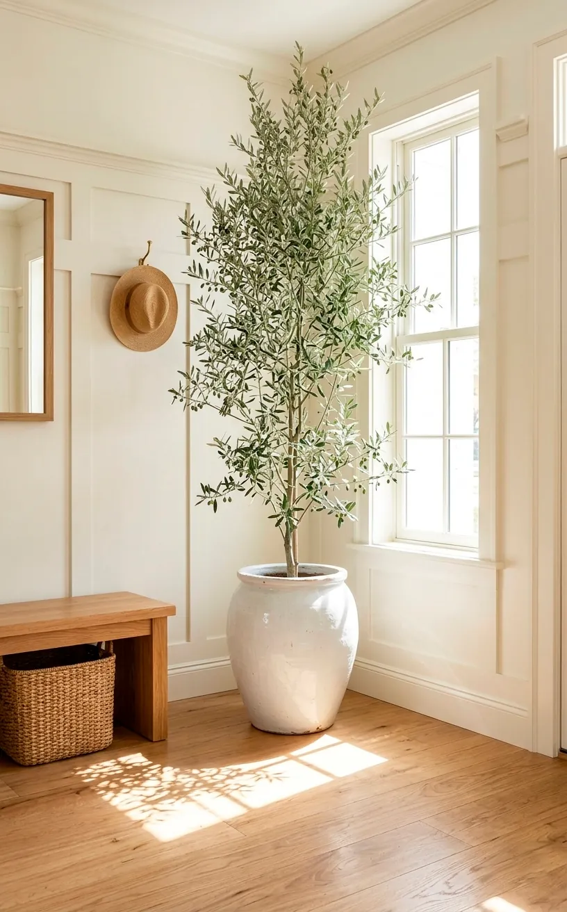 Tall potted olive tree in a white ceramic pot in a Shaker foyer.