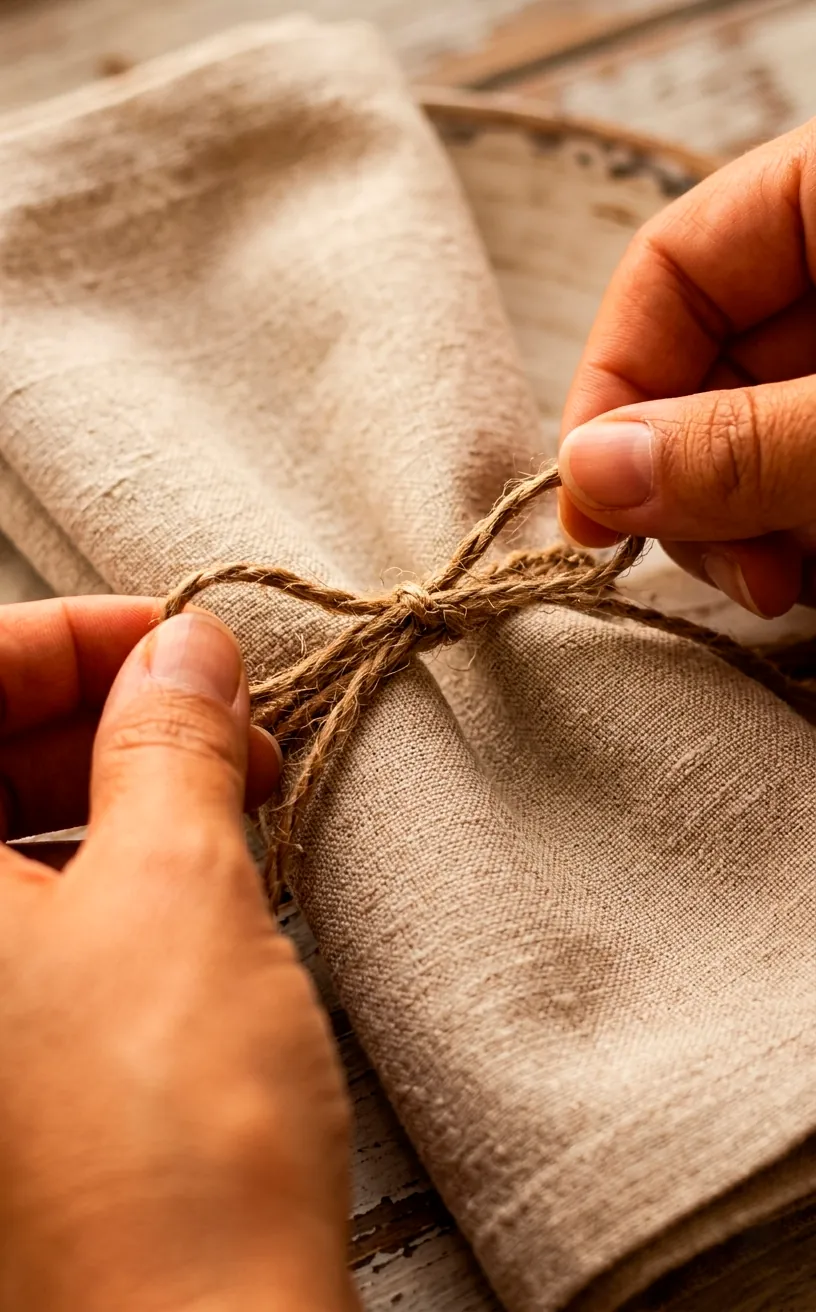 Close-up of hemp twine being tied around a neutral linen napkin.
