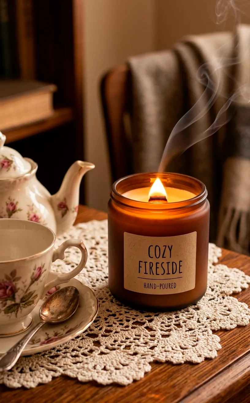 Lit wood-wick candle in an amber jar next to a vintage porcelain tea set.