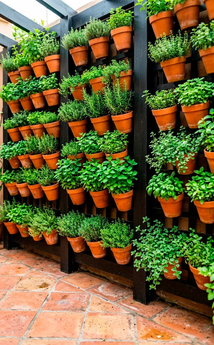Vertical herb garden with terracotta pots mounted on a wooden trellis.