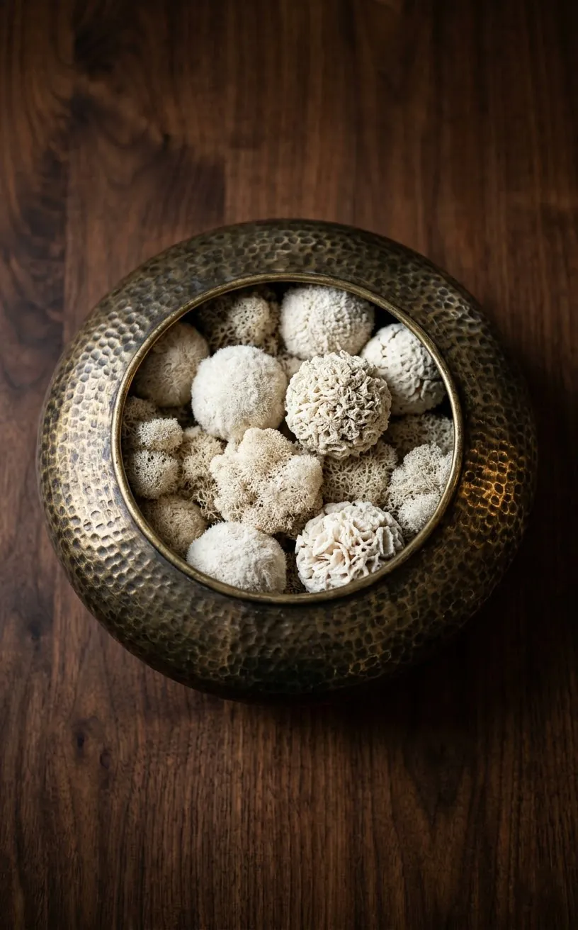 Close up of a weathered brass decorative bowl on a dark table.