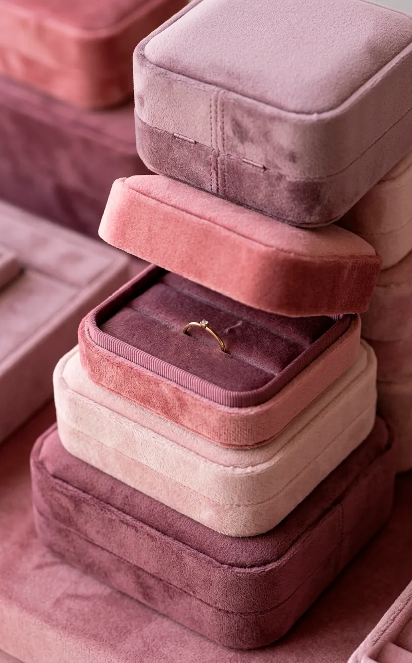 Stacked velvet jewelry boxes in shades of pink and mauve.
