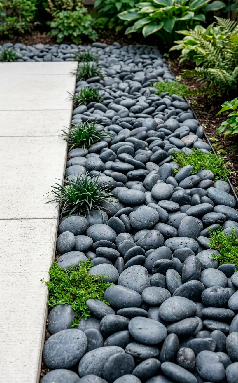 Charcoal grey river stones used as ground cover next to a concrete patio.