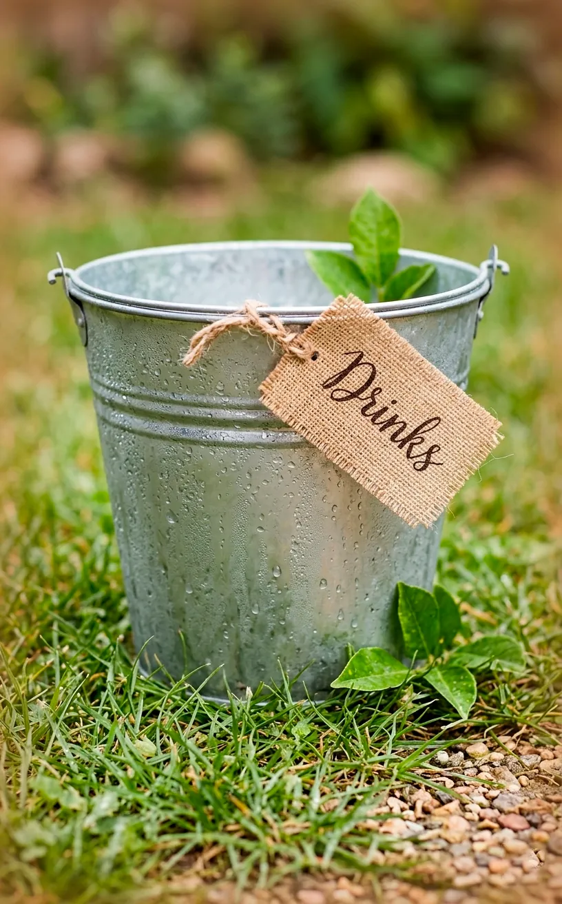 Close-up of a cold metal drink bucket with a burlap label and lace accents.