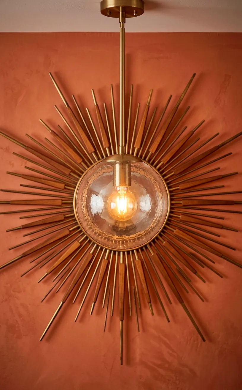 Mid-Century Modern sunburst mirror paired with a spherical globe light fixture.