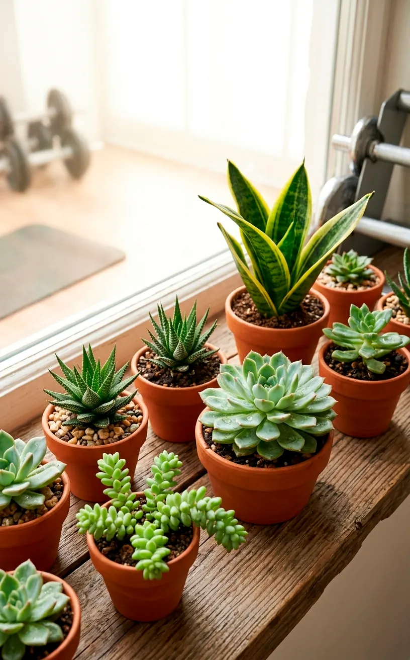 Small indoor plants on a sunlit windowsill in a bright home workout space.