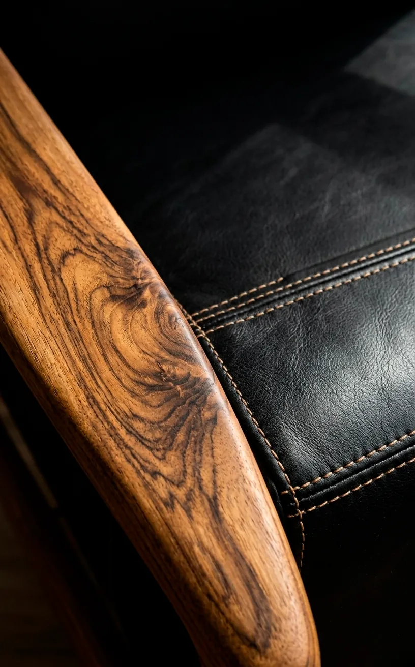 Detail of black leather upholstery and teak wood armrest on a modern chair.