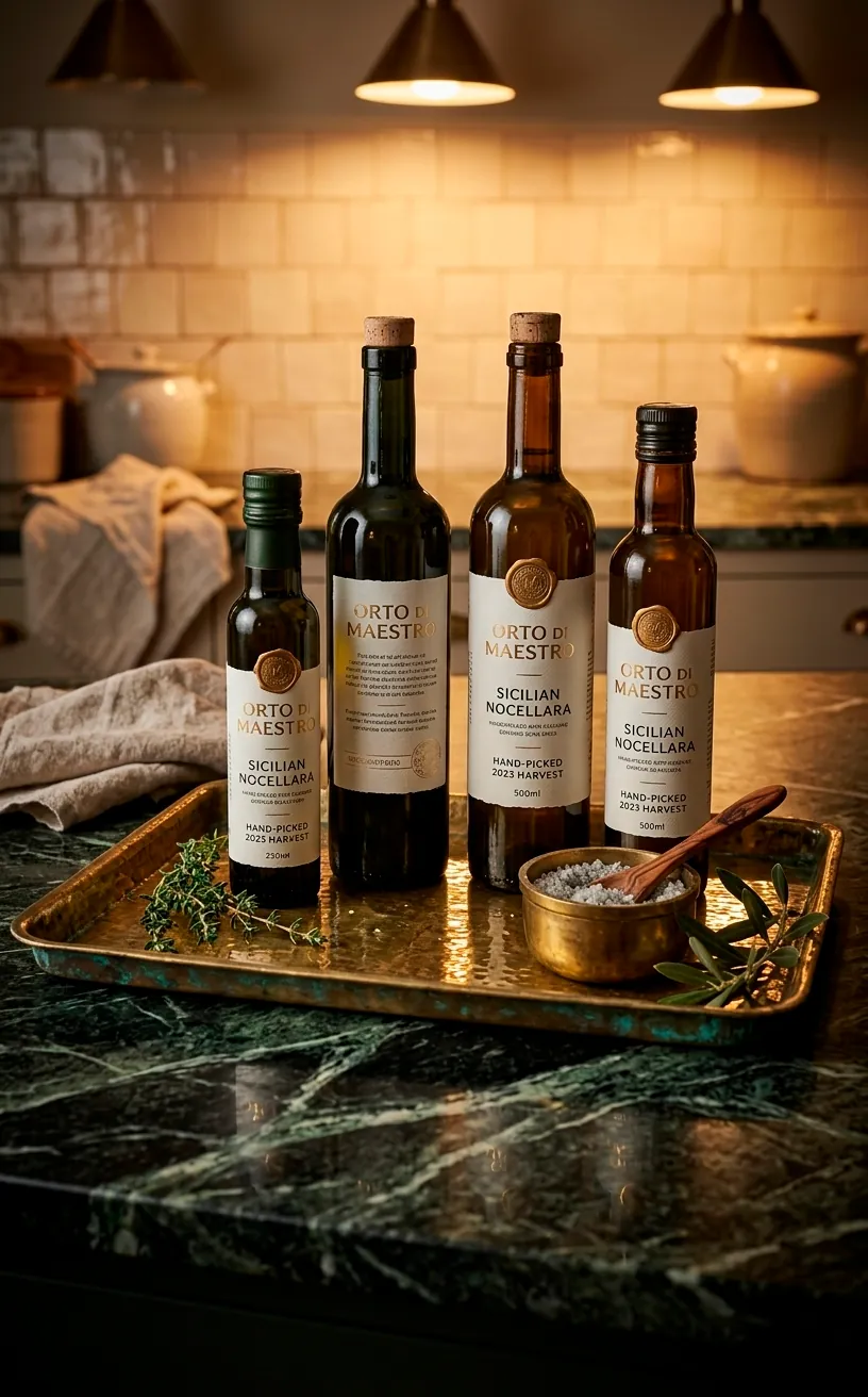 Polished brass tray organizing kitchen oils and spices on a stone counter.