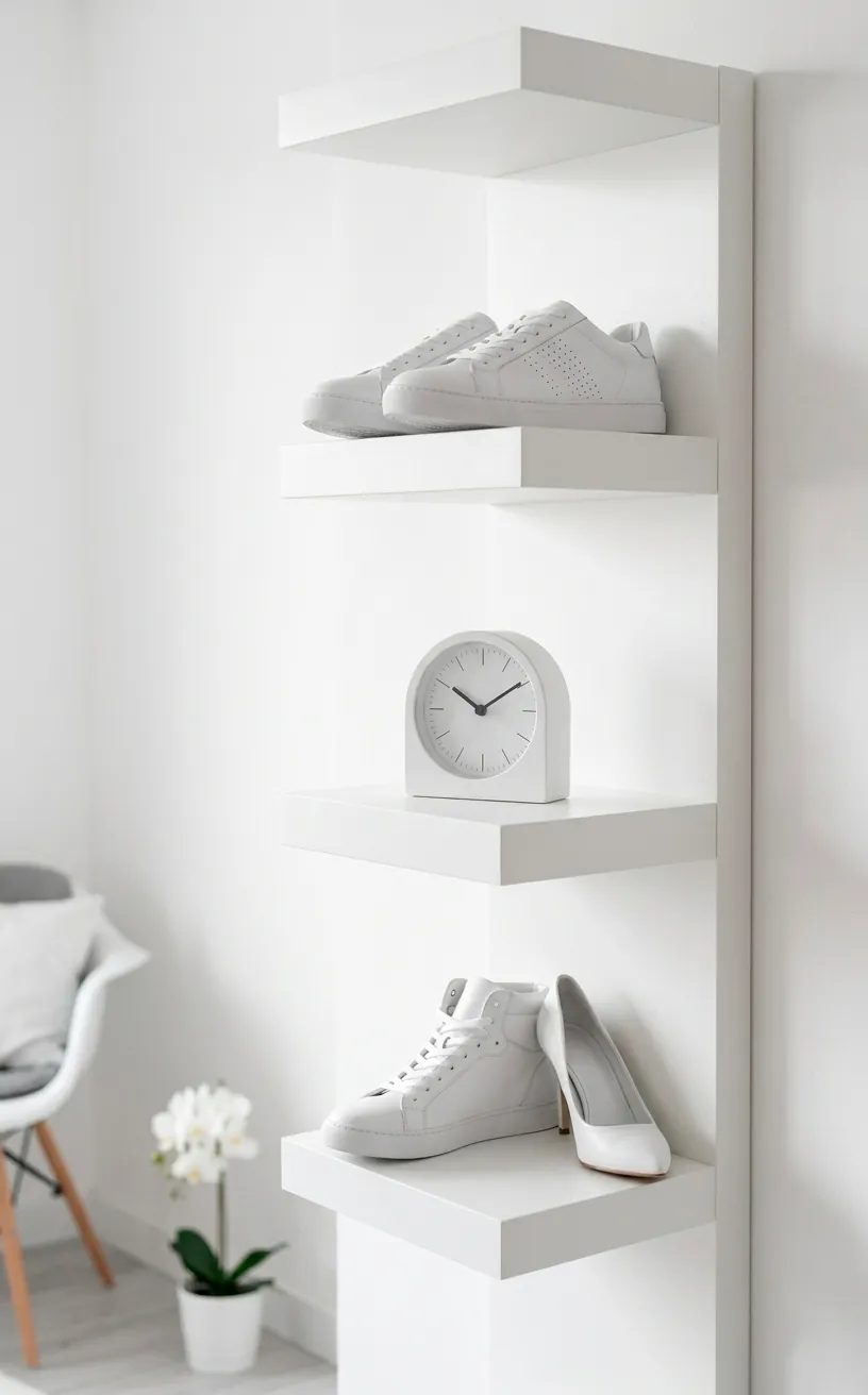 Minimalist white floating shelves displaying fashion items on a white wall.