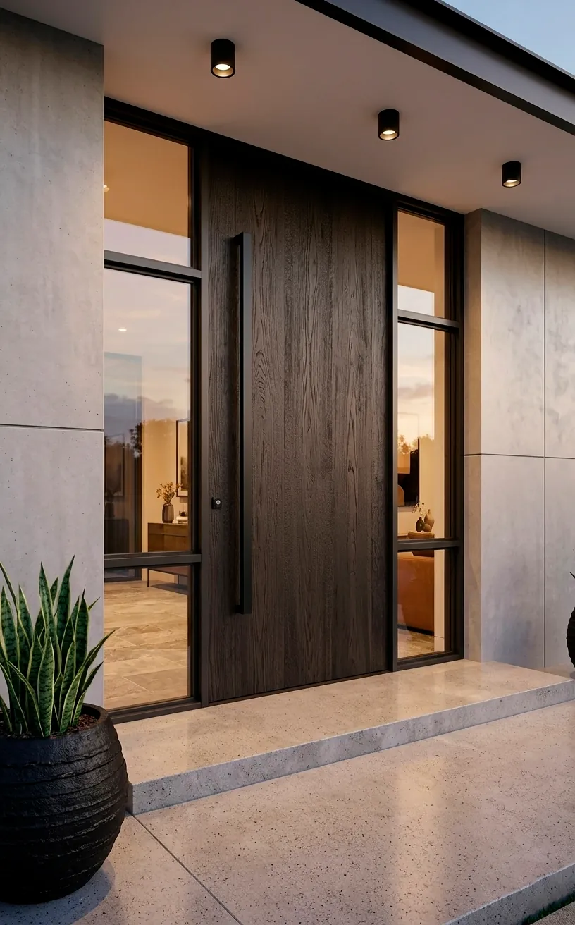 Large modern dark oak pivot door with a vertical black handle.