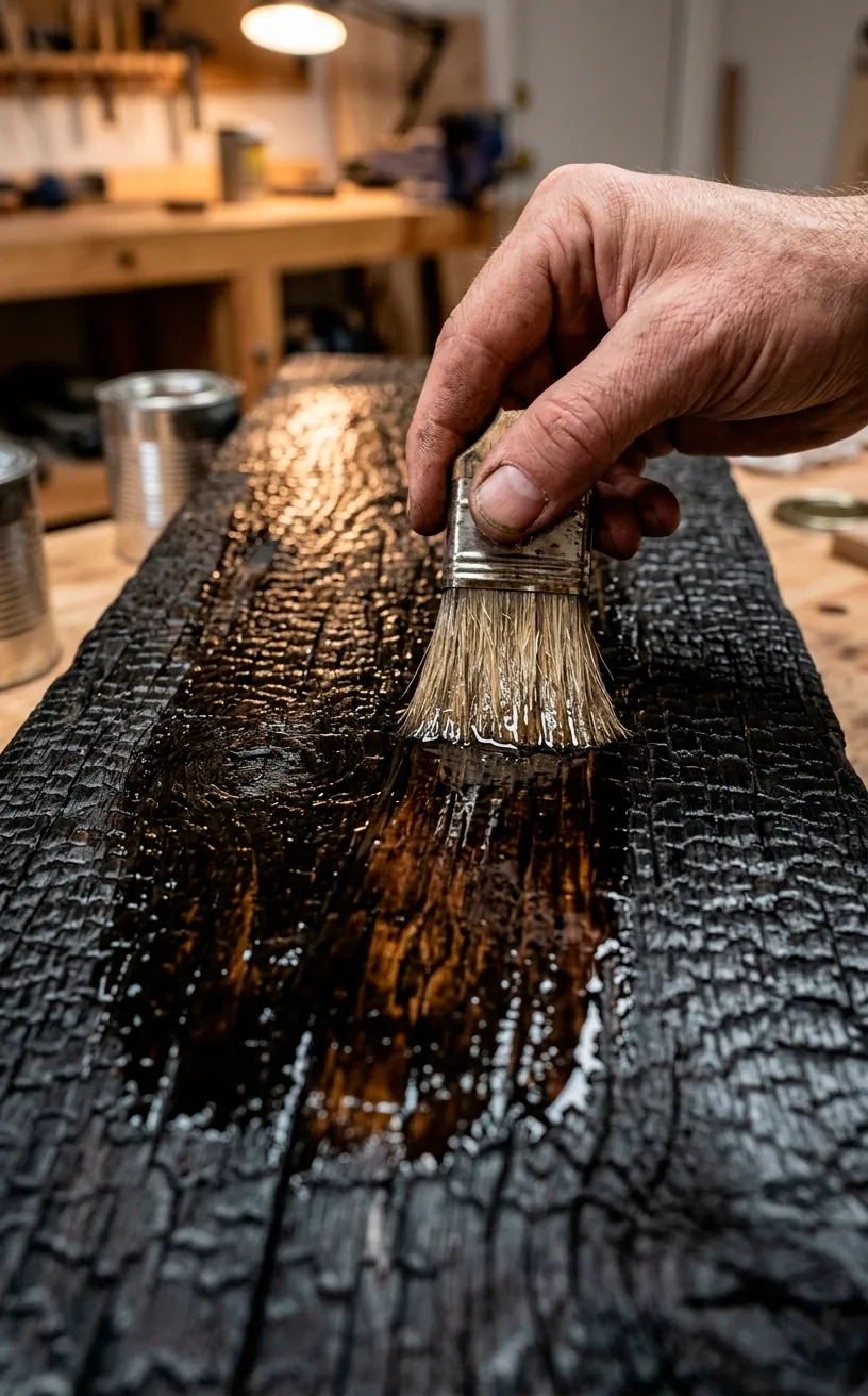Applying protective oil to charred Shou Sugi Ban wood.
