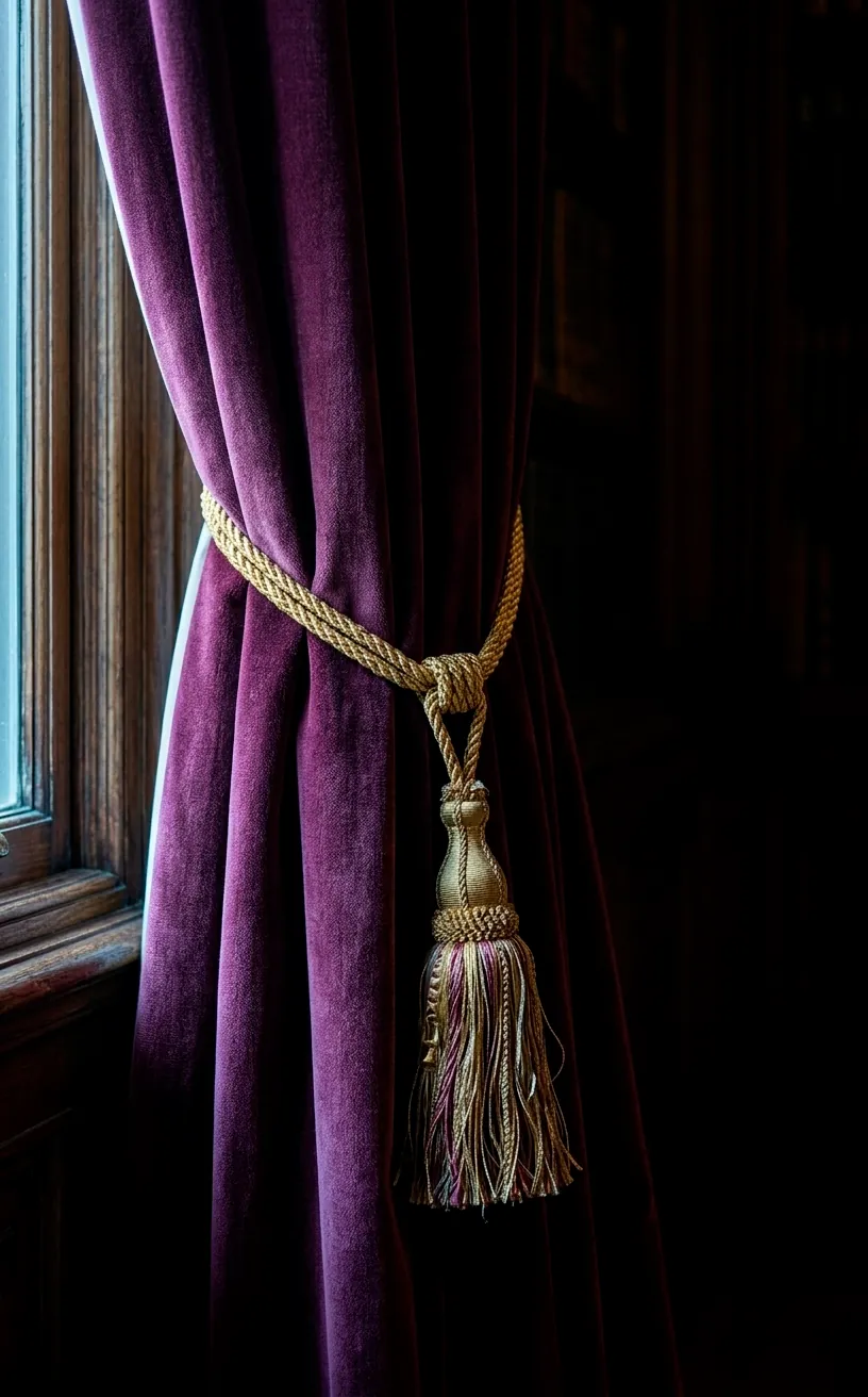 Deep plum velvet curtains with a gold tassel tieback in a moody room.