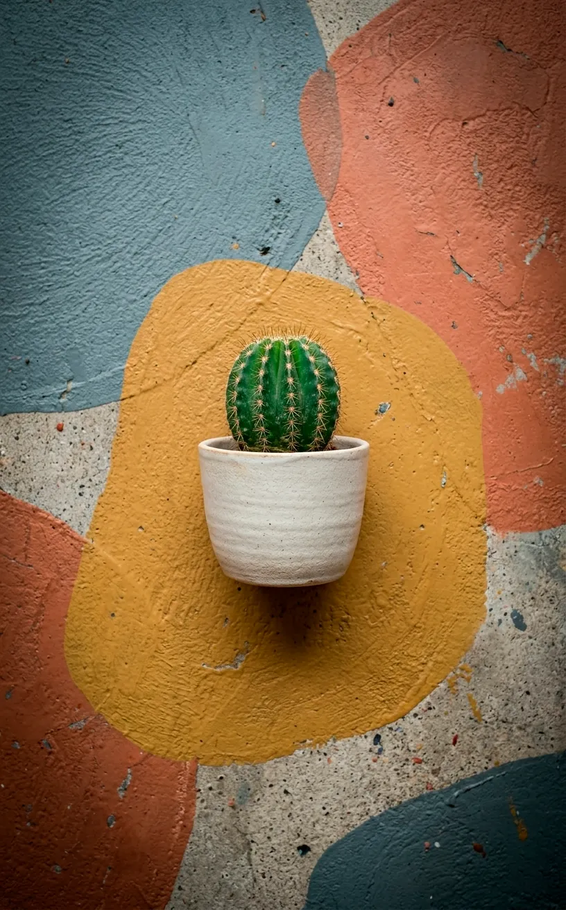 Close-up of abstract geometric shapes painted on a concrete patio floor.