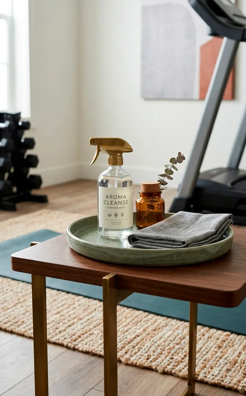 Aesthetic cleaning kit with a ceramic tray and spray bottle for a home gym.