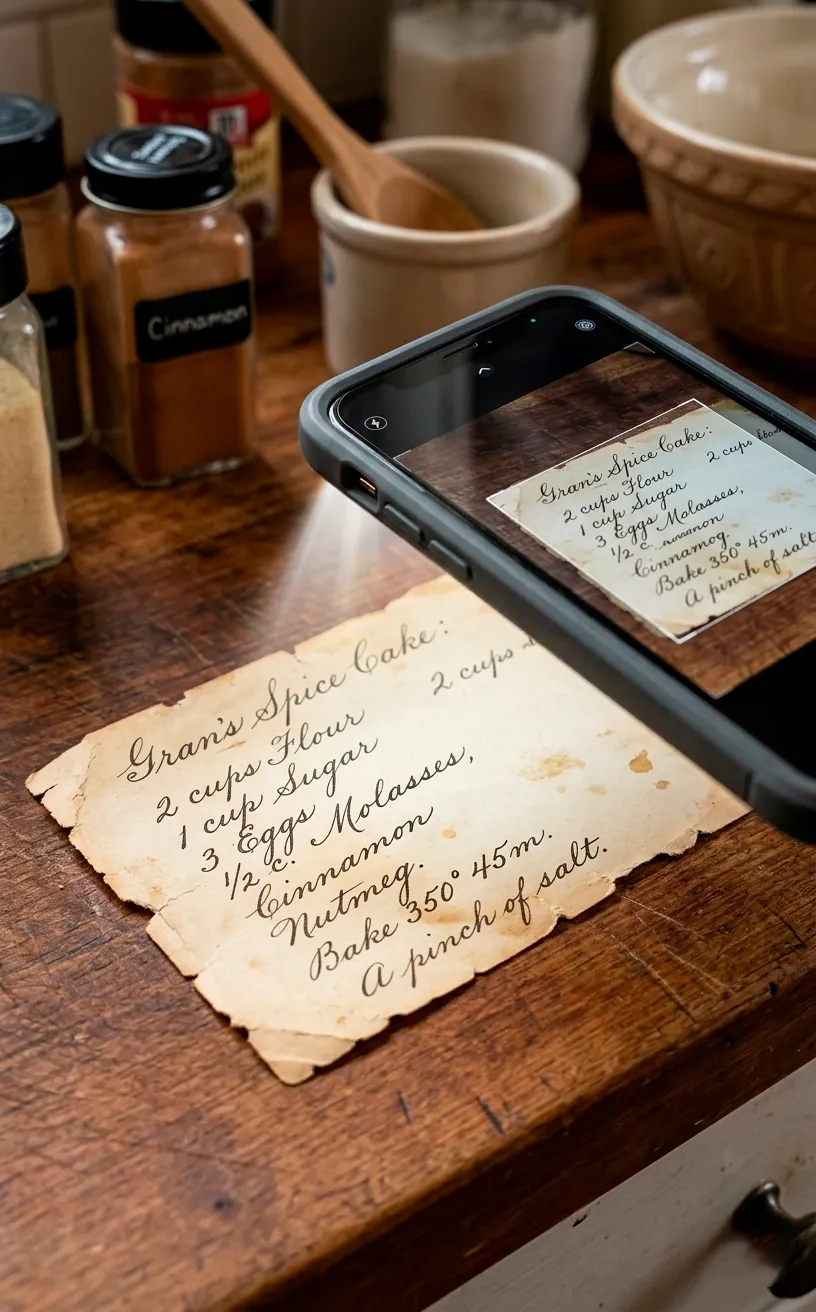 Scanning a vintage handwritten recipe card to create a digital art print.