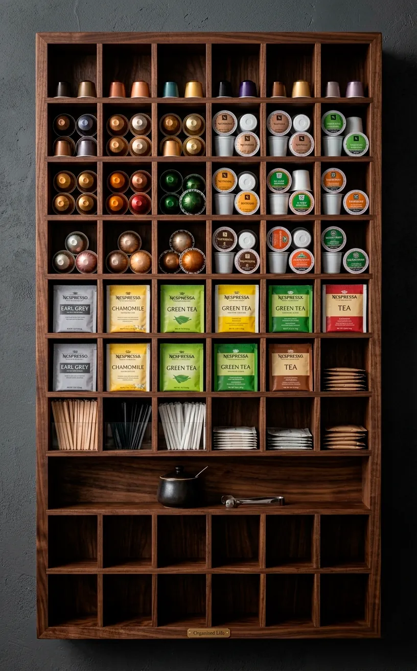 Dark walnut wall organizer with cubbies for coffee pods and tea.