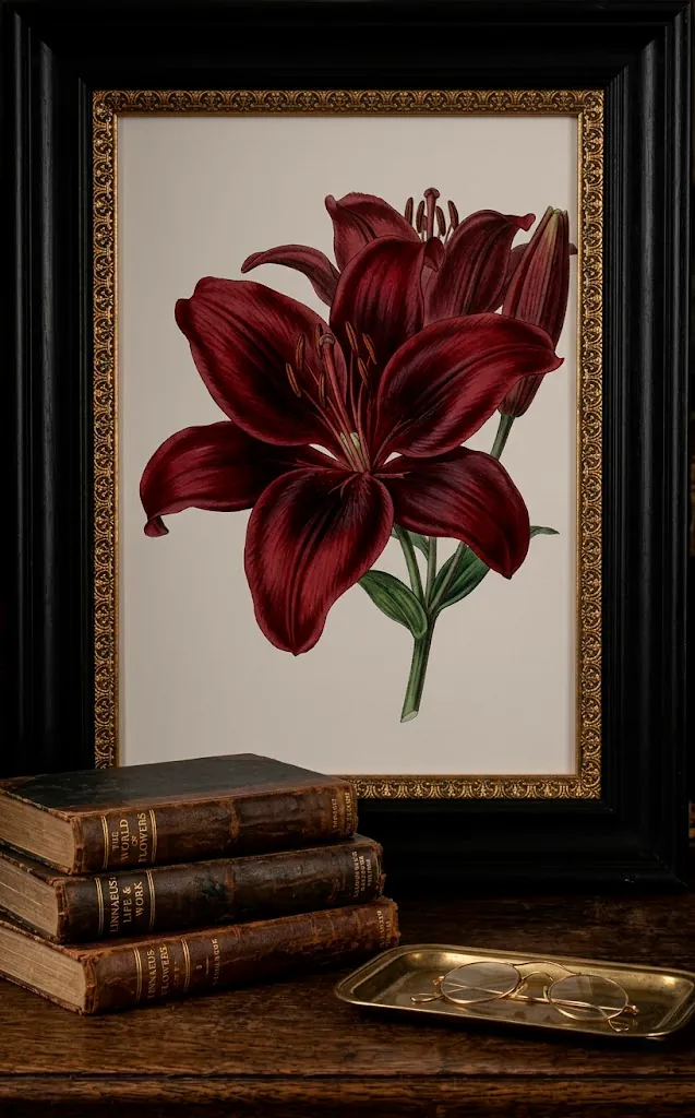 Large botanical lily print in a black and gold frame above vintage books.