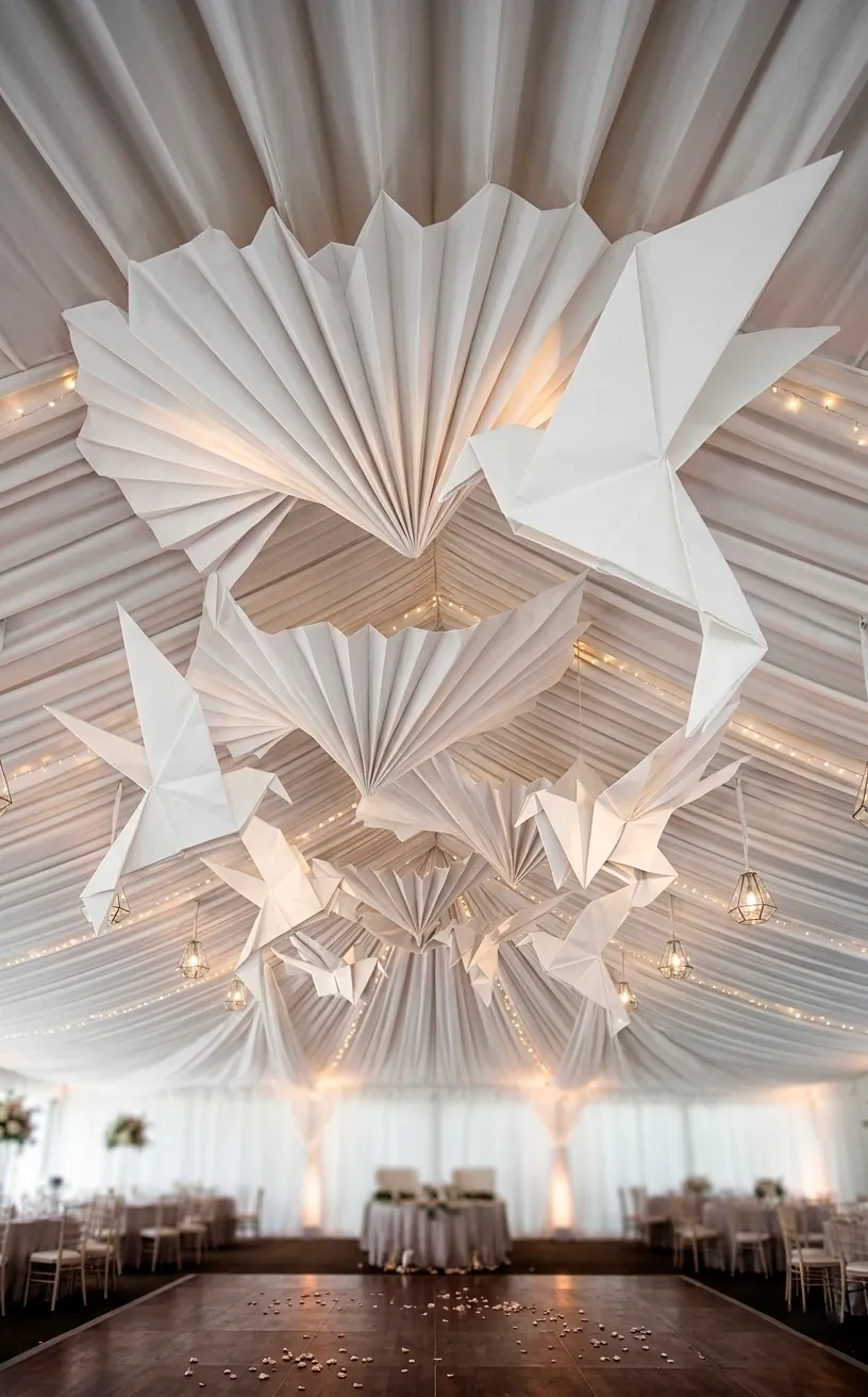 Architectural pleated fabric installation hanging from a wedding ceiling.