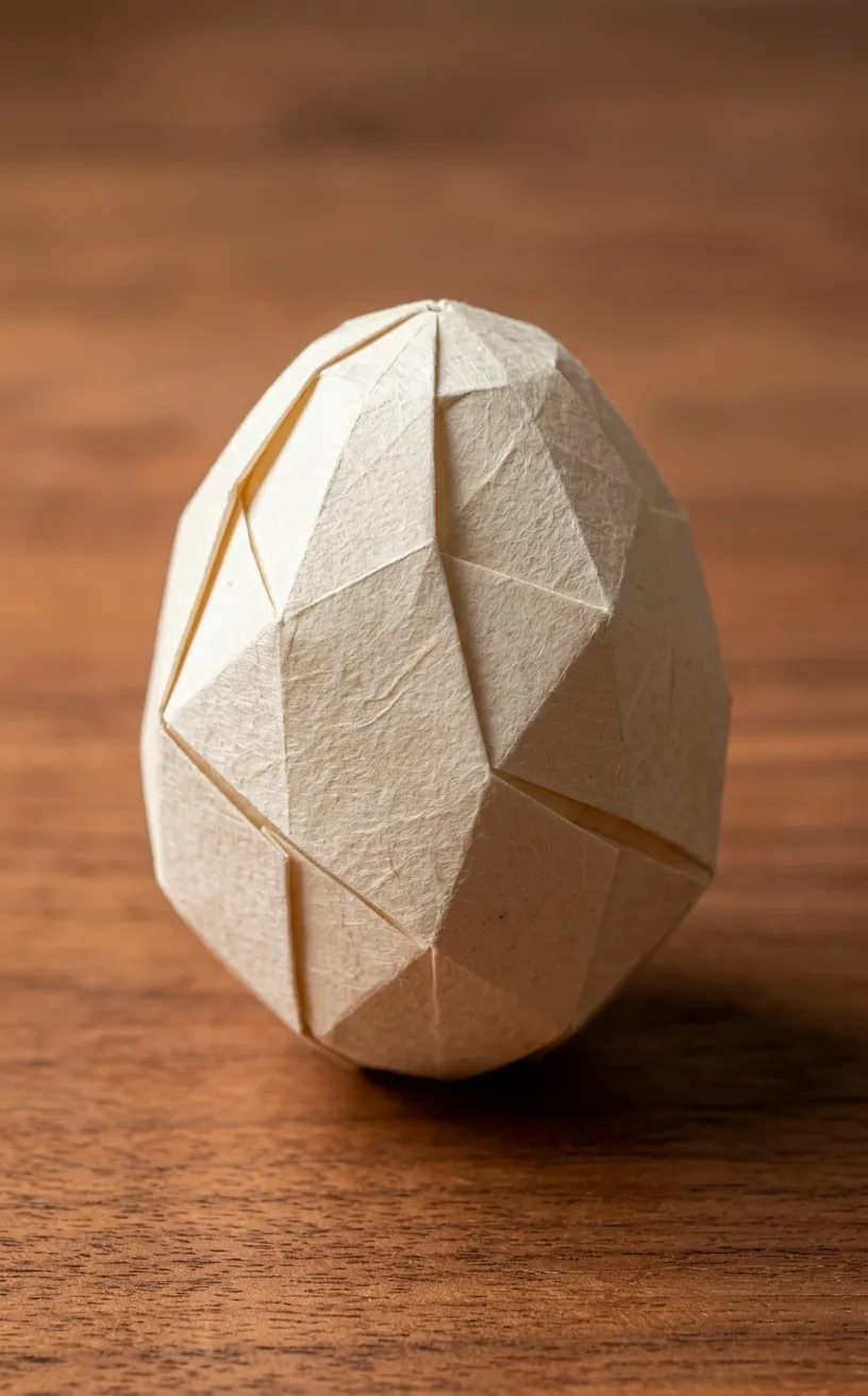 Close-up of a geometric origami egg made of cream washi paper on wood.