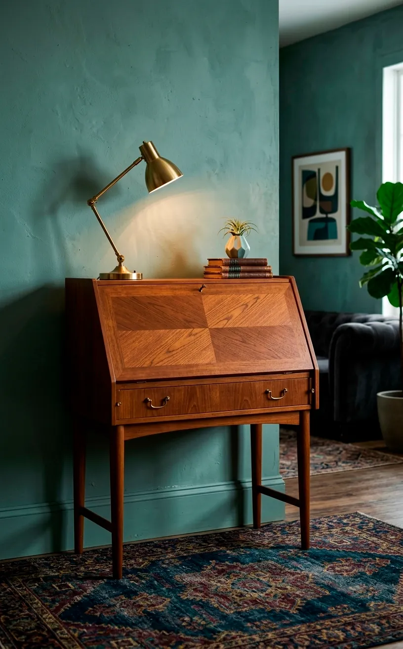 Vintage teak mid-century modern secretary desk in a stylishly decorated room.